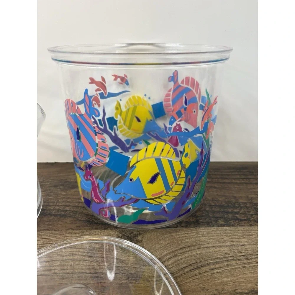 Vintage Lucite Acrylic Ocean Fish Themed Colorful Ice Bucket Tropical Pool Beach